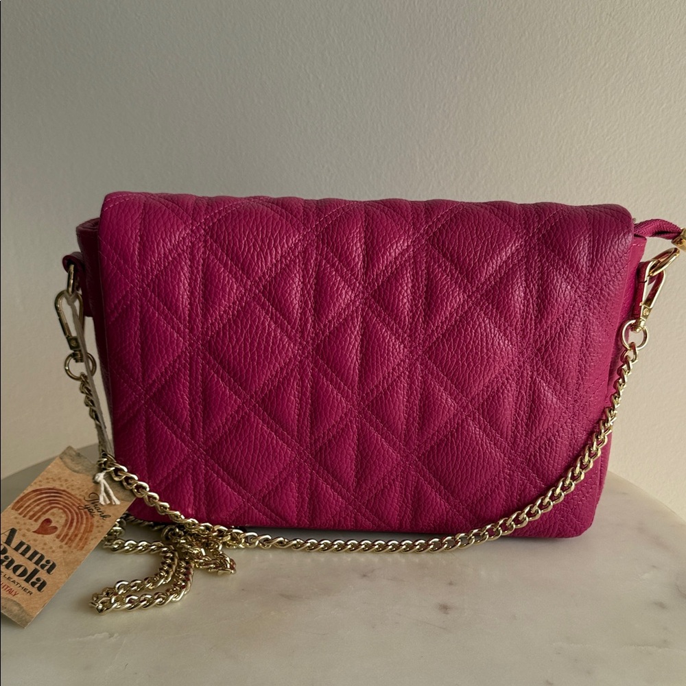 NWT ANNA PAOLA Italian Leather Quilted Crossbody In Fuxia Color